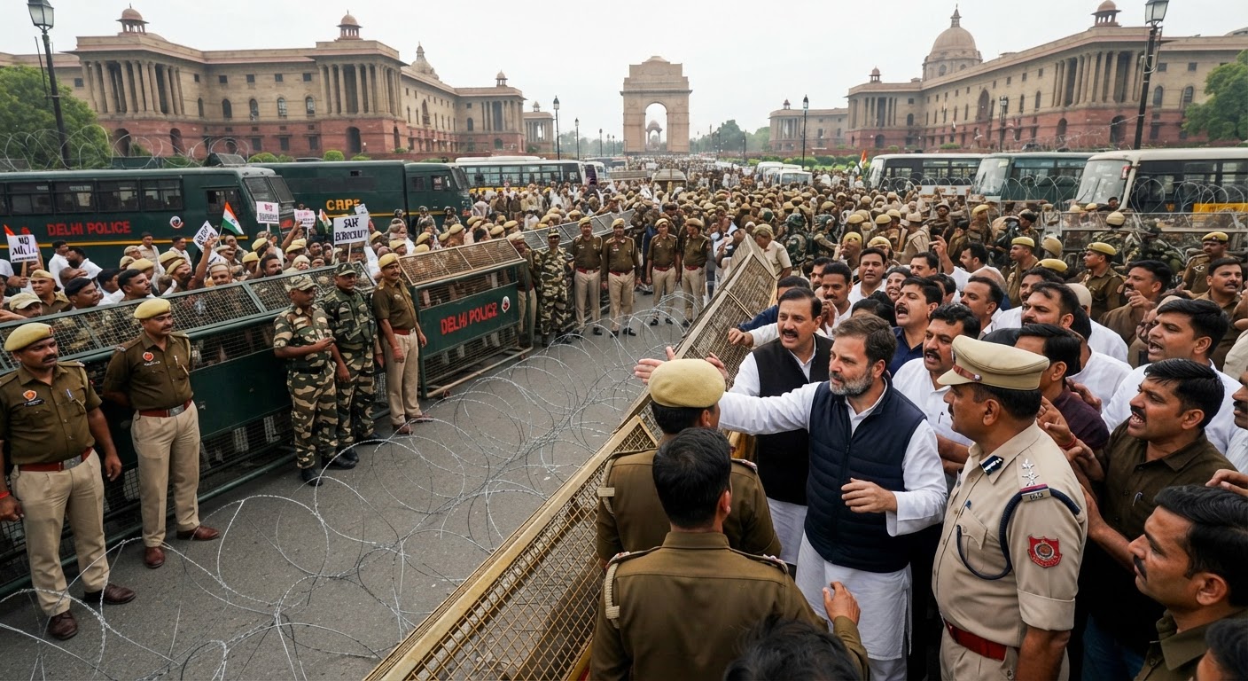 राहुल गांधी का बड़ा आरोप: 'जेल बन गई है दिल्ली', लोकतंत्र मार्च से पहले भारी सुरक्षा