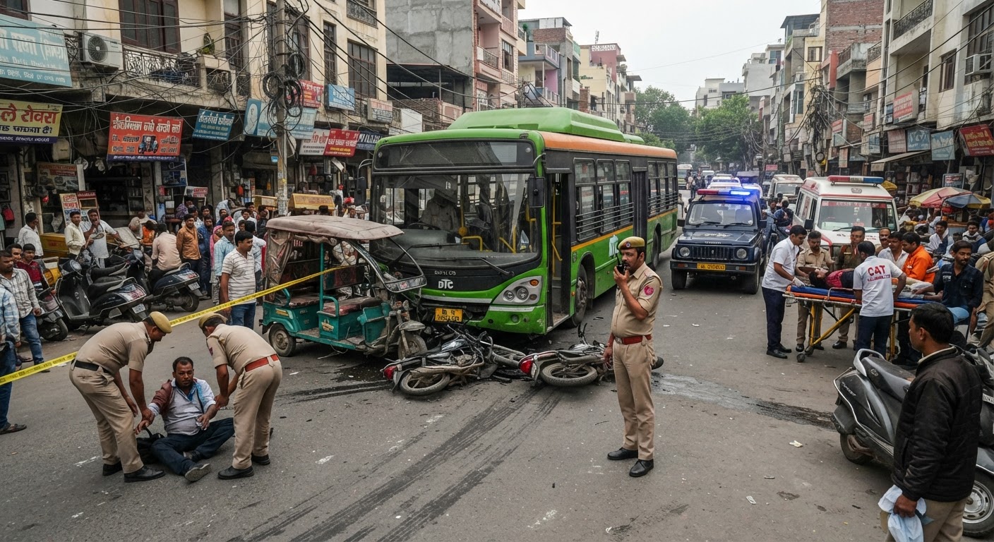आनंद परबत में बेकाबू DTC बस ने कई वाहनों को कुचला, एक की मौत और 5 घायल