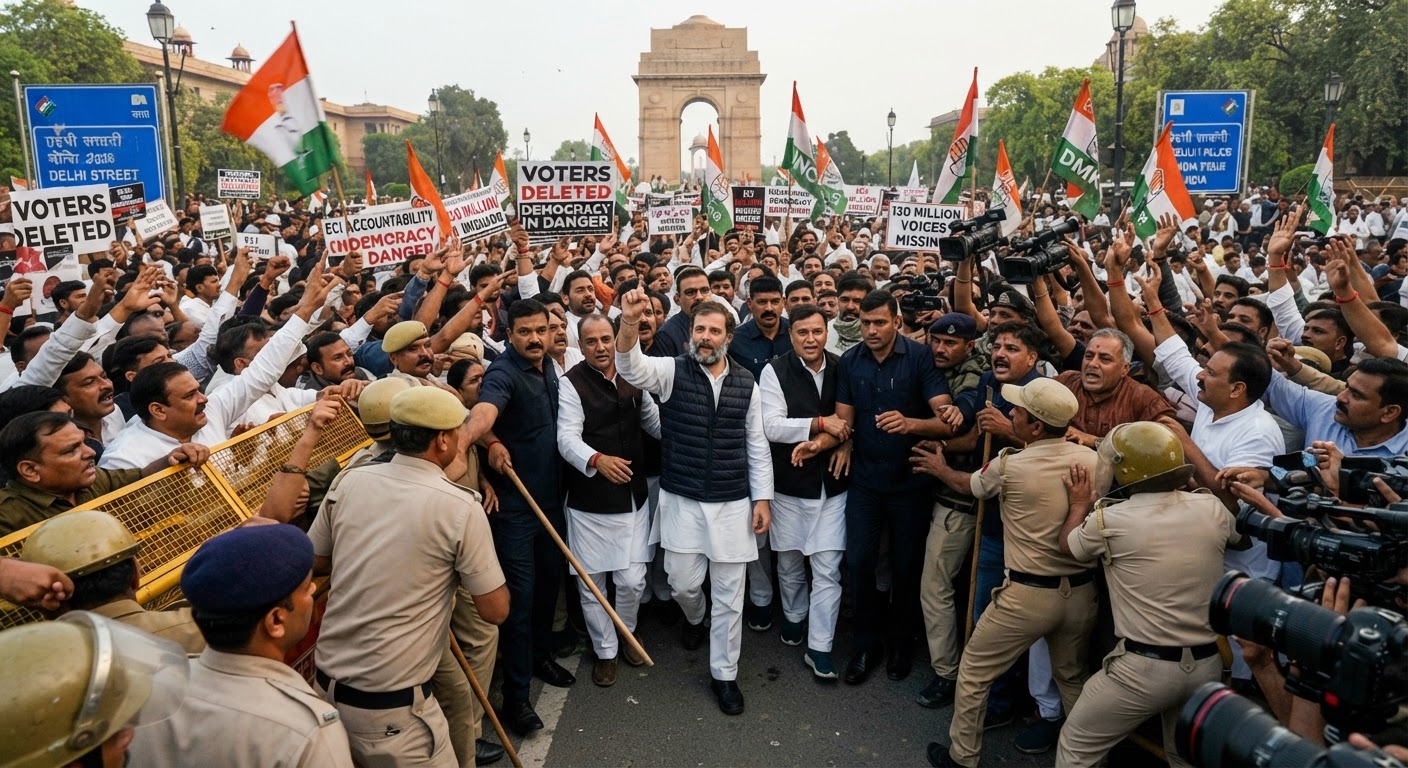 वोटर लिस्ट से 13 करोड़ नाम हटाने पर बवाल, राहुल गांधी के नेतृत्व में दिल्ली में प्रदर्शन