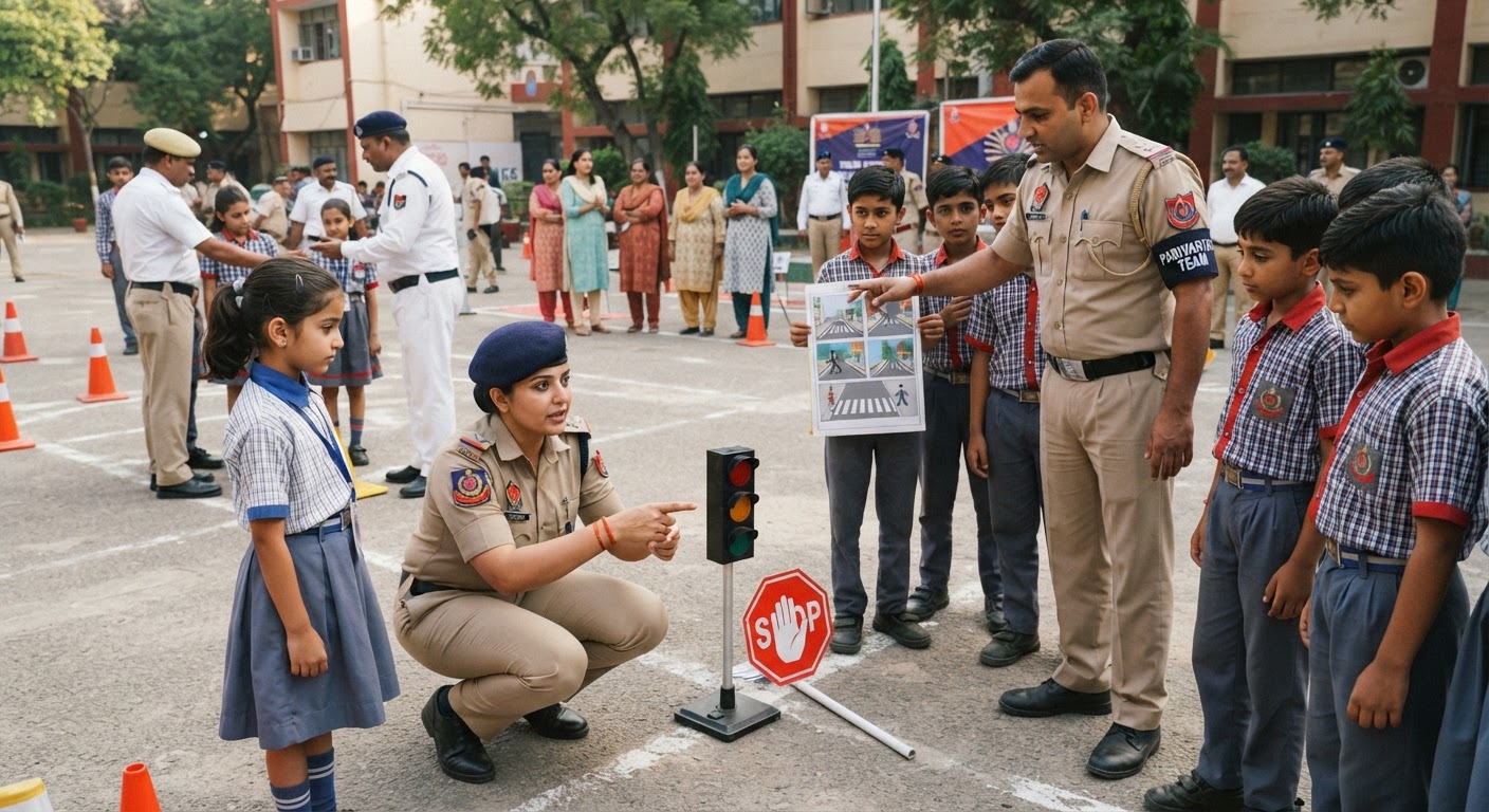 दिल्ली पुलिस ने स्कूल में सिखाए ट्रैफिक नियम, बच्चों को बनाया रोड सेफ्टी एंबेसडर