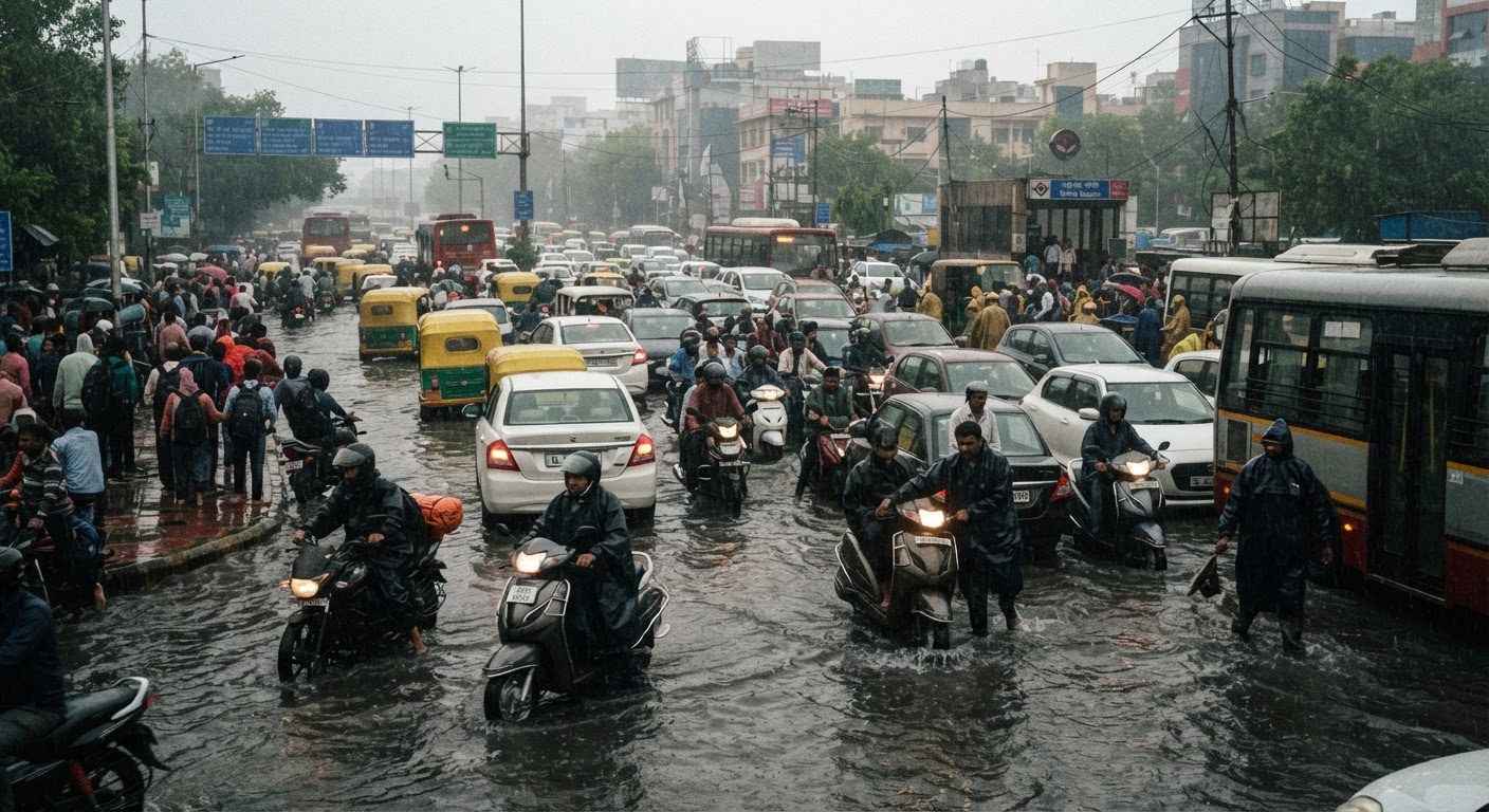 दिल्ली में भारी बारिश से थमी रफ्तार, सड़कों पर लगा लंबा जाम