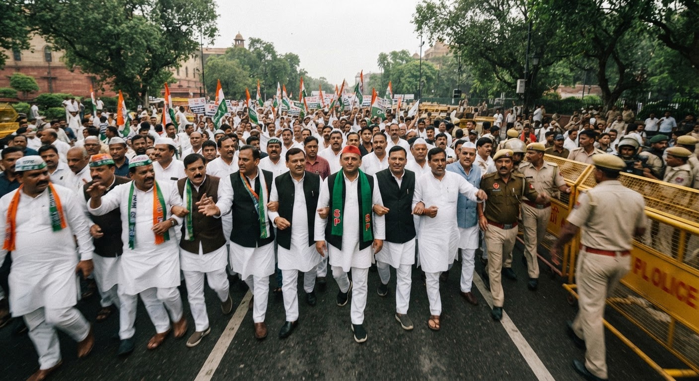 वोटर लिस्ट में गड़बड़ी का आरोप: चुनाव आयोग की ओर मार्च कर प्रदर्शन पर उतरे इंडिया गठबंधन के सांसद