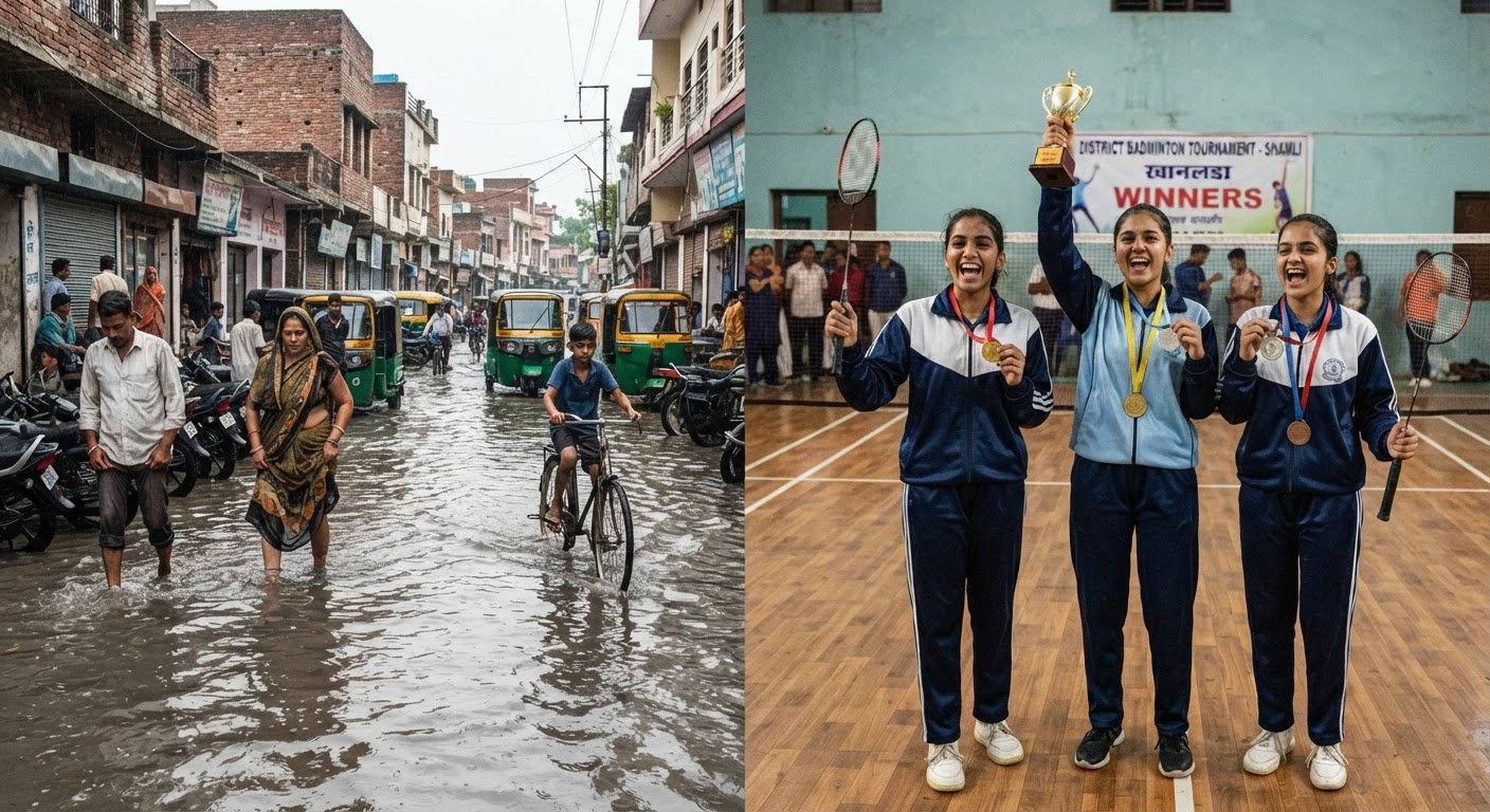 Shamli News: भारी बारिश से सड़कों पर भरा पानी, बैडमिंटन टूर्नामेंट में छात्रों का शानदार प्रदर्शन