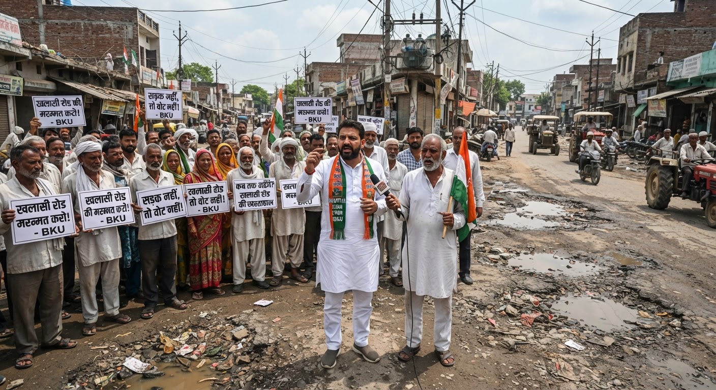 खतौली की खलासी रोड की खस्ता हालत पर भड़के किसान, मरम्मत न होने पर आंदोलन की चेतावनी