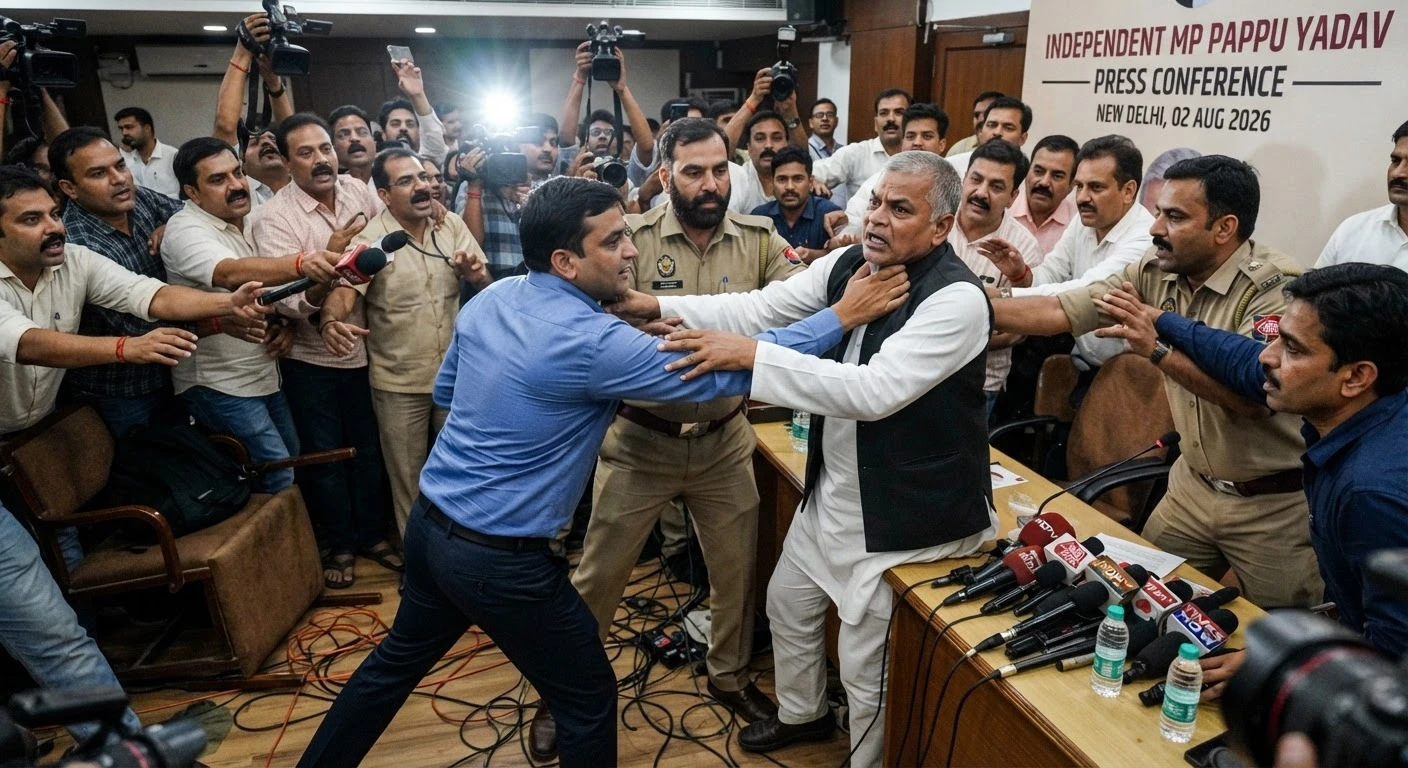 दिल्ली में सांसद पप्पू यादव पर प्रेस कॉन्फ्रेंस के दौरान हमला, चप्पल फेंकी और चाकू लहराने का आरोप