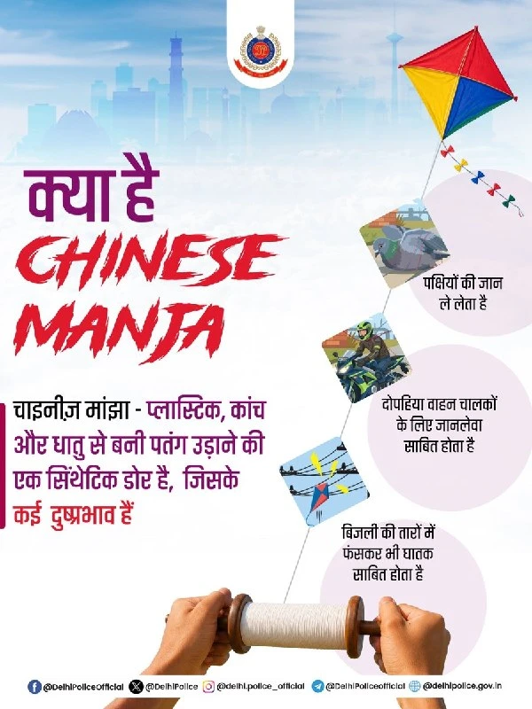 Delhi में Chinese Manjha पर सख्त प्रतिबंध, 5 साल की जेल और 1 लाख रुपये तक का जुर्माना