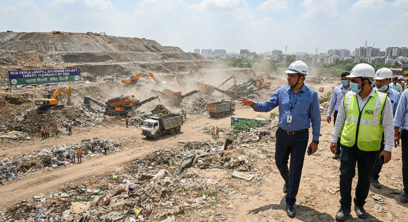 MCD ने ओखला लैंडफिल साइट पर वेस्ट मैनेजमेंट प्रोजेक्ट्स तेज किए, 2026 तक कचरा साफ करने का लक्ष्य