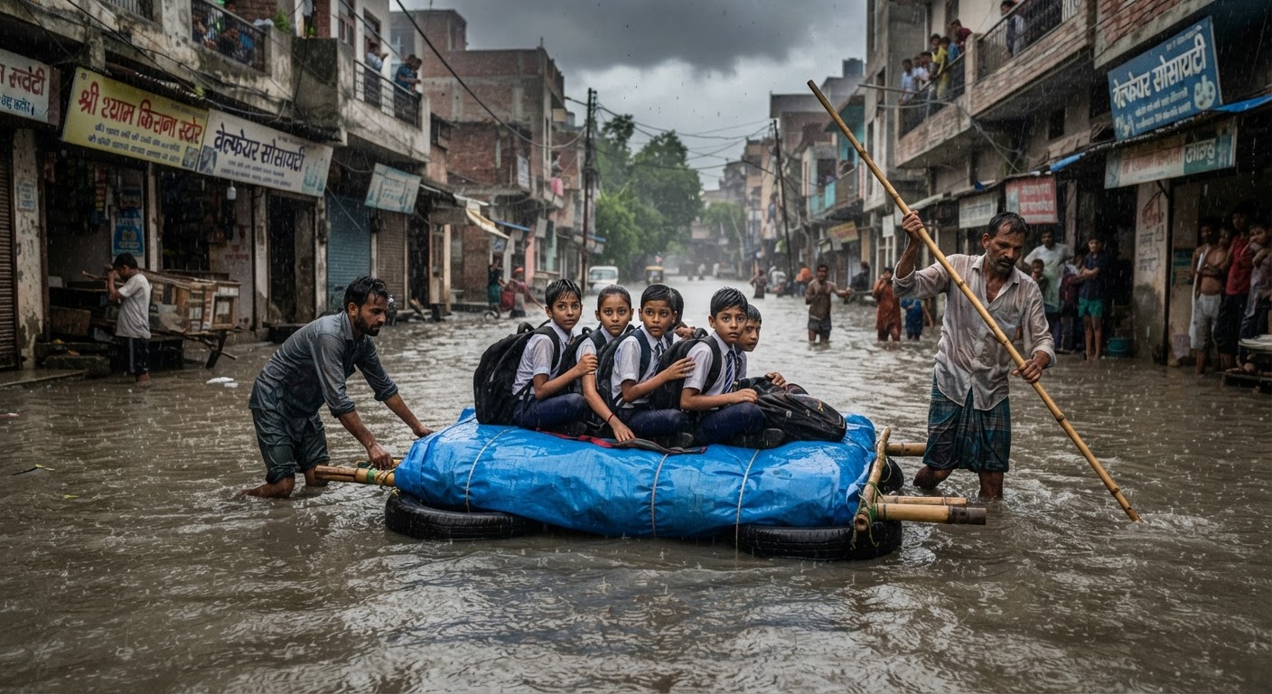 दिल्ली में भारी बारिश से सड़कों पर भारी जलभराव, बच्चों को स्कूल ले जाने के लिए raft का इस्तेमाल