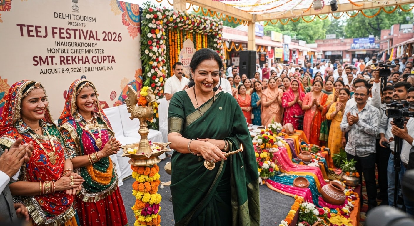 दिल्ली की मुख्यमंत्री रेखा गुप्ता ने Dilli Haat में दो दिवसीय Teej Festival 2026 का किया उद्घाटन
