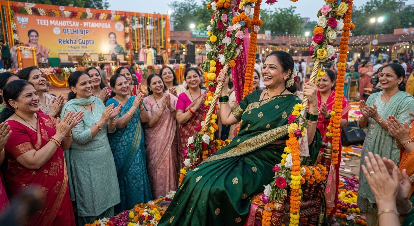 दिल्ली बीजेपी ने पीतमपुरा दिल्ली हाट में उत्साह के साथ मनाया तीज का त्योहार, उमड़ी भीड़