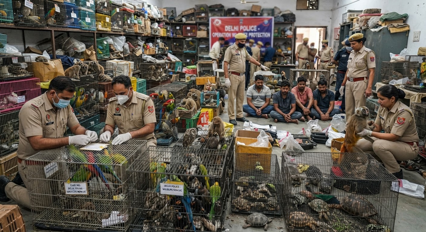 दिल्ली पुलिस का बड़ा एक्शन: वाइल्डलाइफ ट्रैफिकिंग का भंडाफोड़, 863 जानवर और पक्षी रेस्क्यू, 5 गिरफ्तार