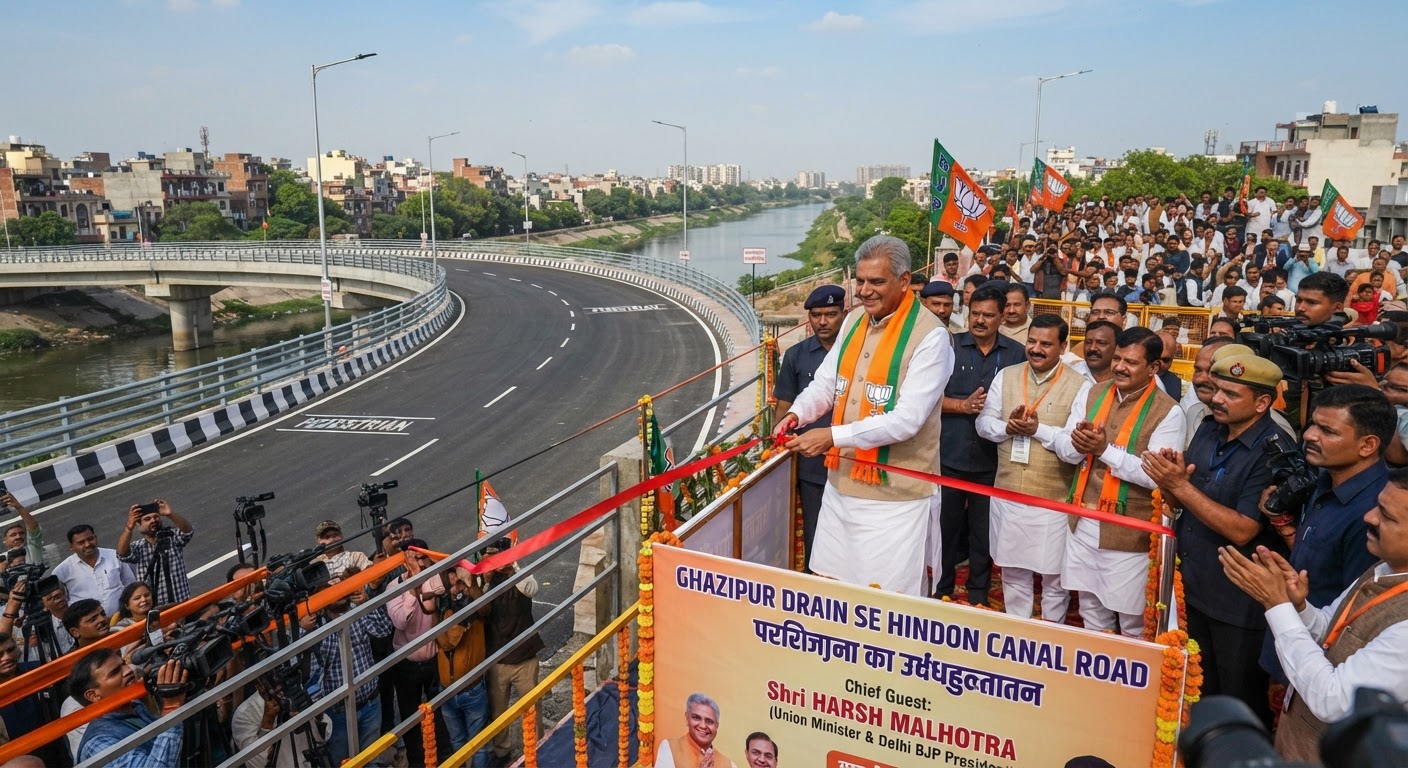 दिल्ली बीजेपी अध्यक्ष हर्ष मल्होत्रा ने गाजीपुर और हिंडन नहर को जोड़ने वाले नए स्लिप रोड ब्रिज का किया उद्घाटन