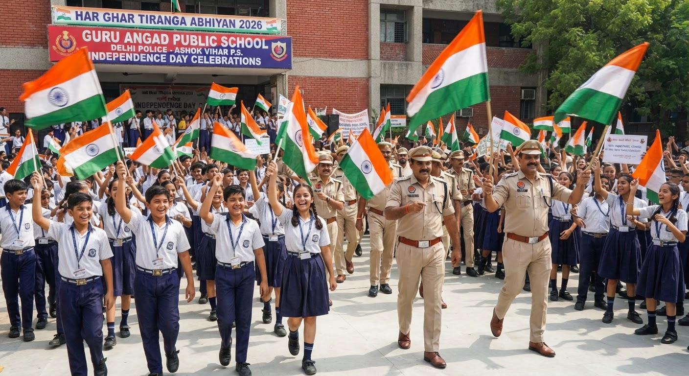 दिल्ली पुलिस ने गुरु अंगद पब्लिक स्कूल में 'हर घर तिरंगा यात्रा' का किया आयोजन