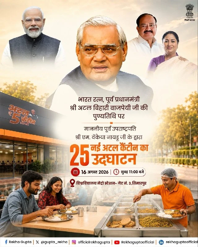 दिल्ली में पूर्व उपराष्ट्रपति एम. वेंकैया नायडू करेंगे 25 नए अटल कैंटीनों का उद्घाटन, पूरा हुआ 100 कैंटीनों का लक्ष्य