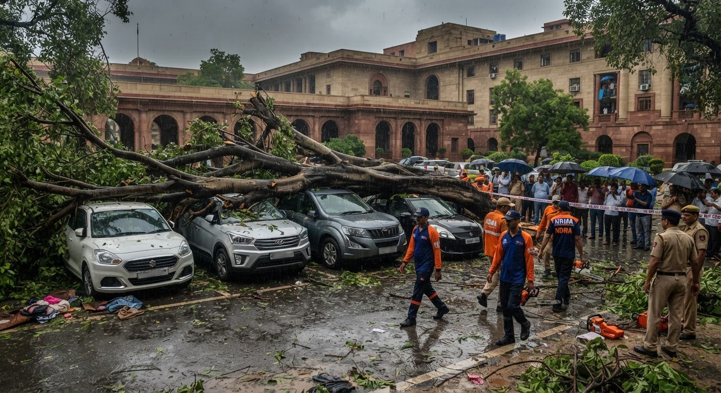 दिल्ली में भारी बारिश का असर: विट्ठल भाई पटेल हाउस में गिरा भारी-भरकम पेड़, चार वाहन क्षतिग्रस्त