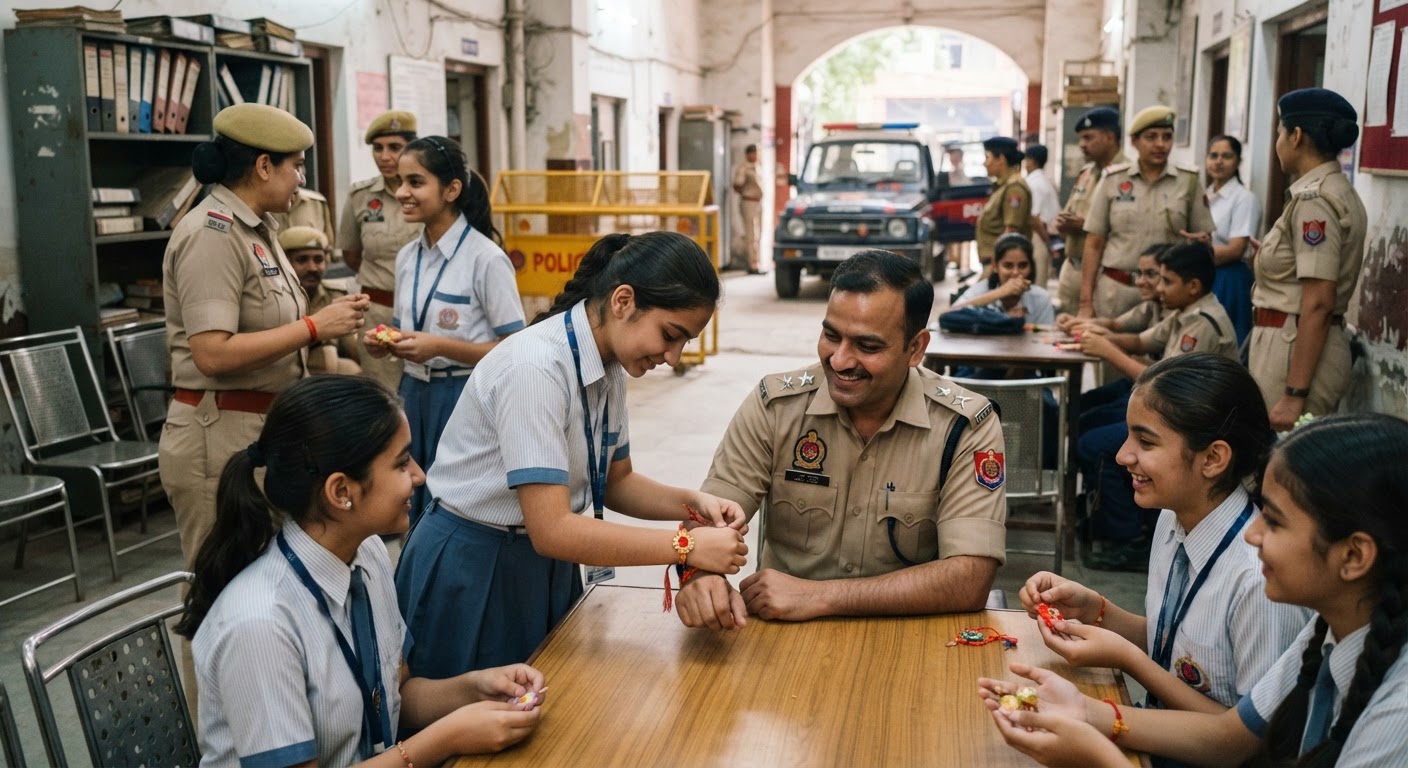 गंगा इंटरनेशनल स्कूल के छात्रों ने कंझावला थाने का दौरा कर मनाया रक्षाबंधन