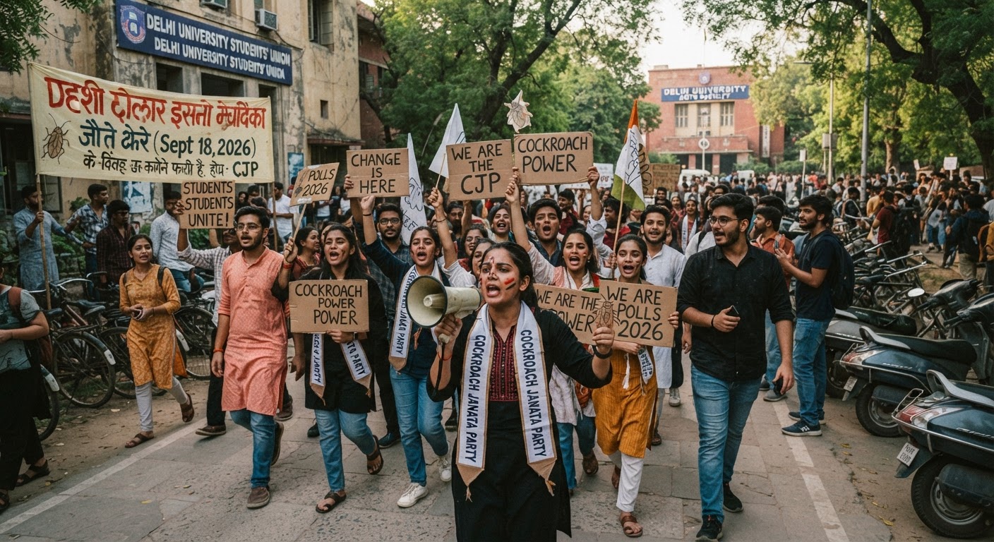 दिल्ली विश्वविद्यालय छात्रसंघ चुनाव 2026: कॉकरोच जनता पार्टी के विरोध प्रदर्शनों का क्या पड़ेगा असर?