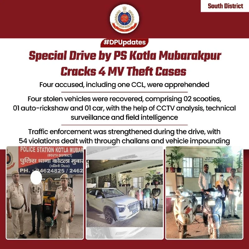 दिल्ली पुलिस का बड़ा एक्शन, kotla mubarakpur में चार गिरफ्तार और वाहन बरामद