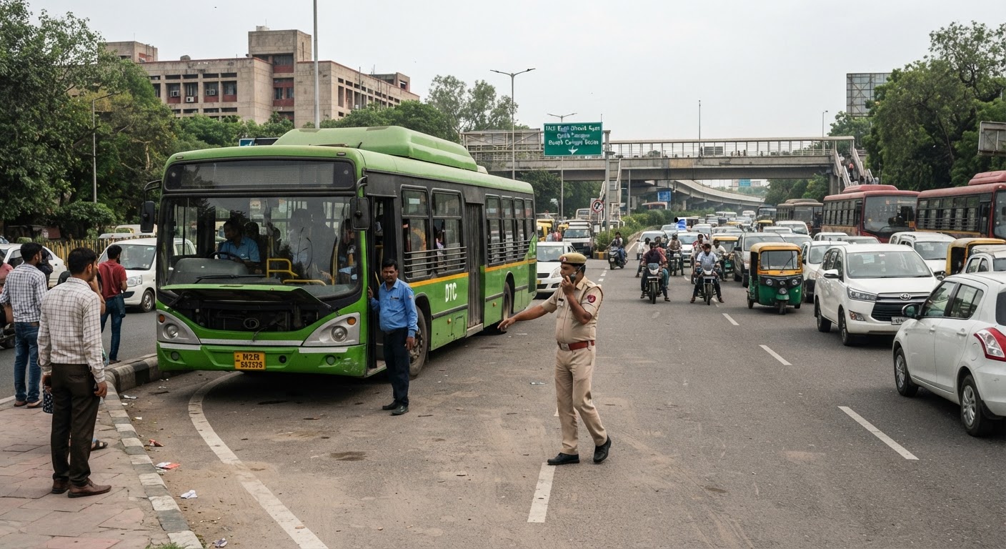दिल्ली के साउथ कैंपस के पास रिंग रोड पर डीटीसी बस खराब, लगा भारी ट्रैफिक जाम
