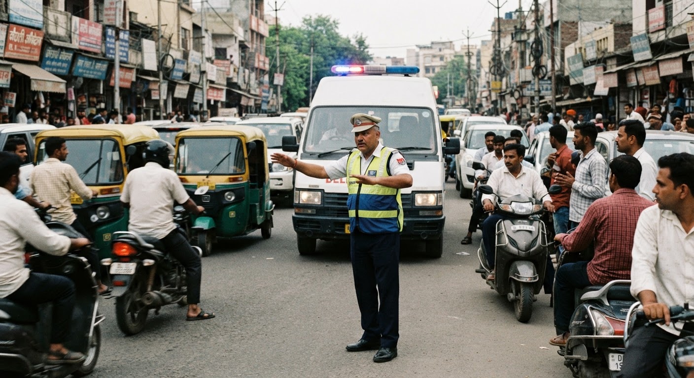 दिल्ली के अशोक विहार में ट्रैफिक इंस्पेक्टर कमल कोहली ने एम्बुलेंस के लिए खुद रास्ता साफ किया
